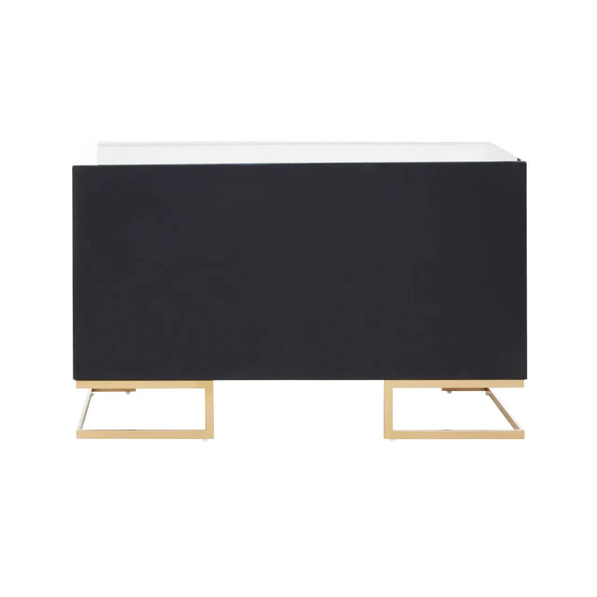 Modern black sideboard with gold metal legs and white top, rear view