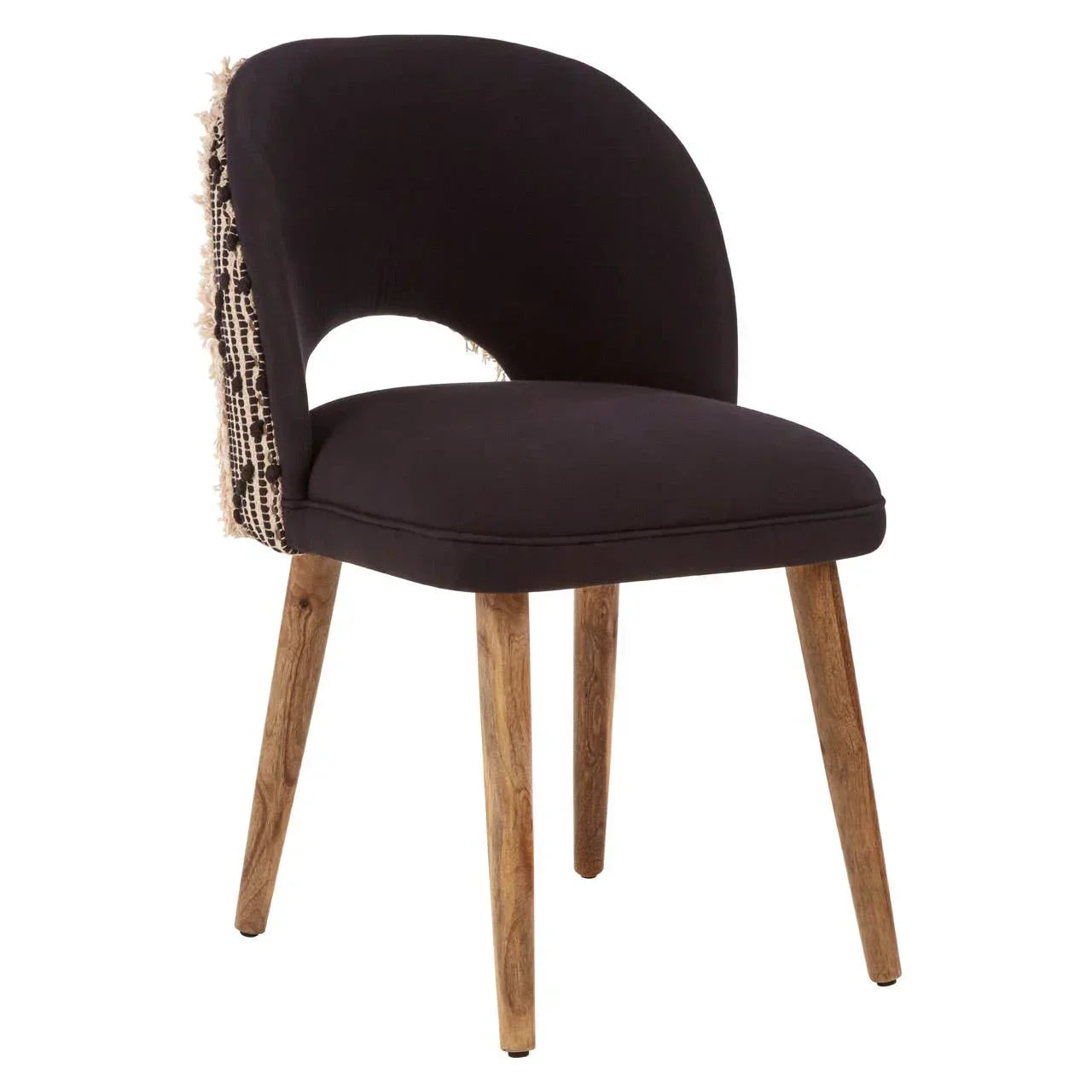 Black fabric dining chair with curved backrest, patterned rear detailing and wooden legs