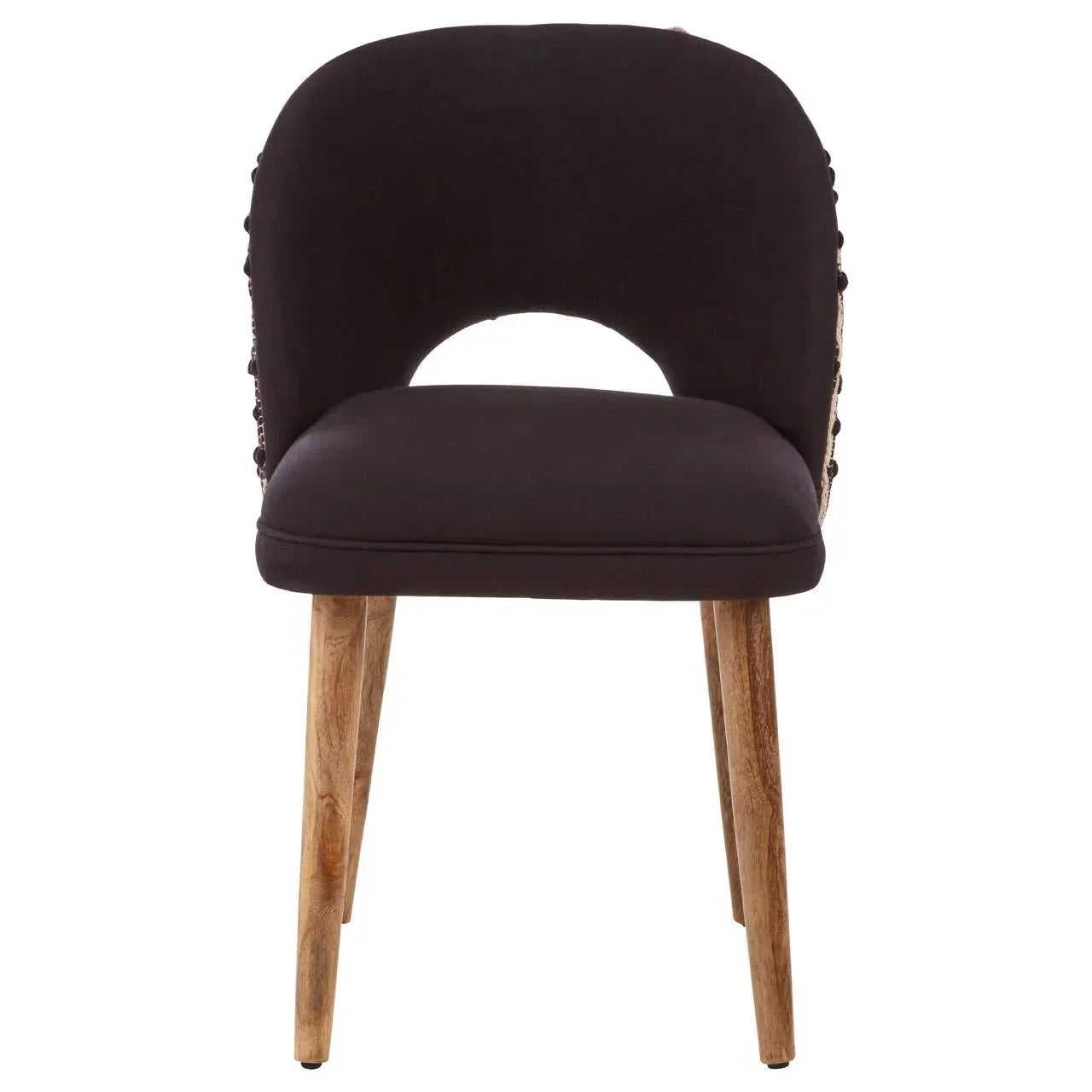 Black upholstered dining chair with curved backrest and wooden legs, front view