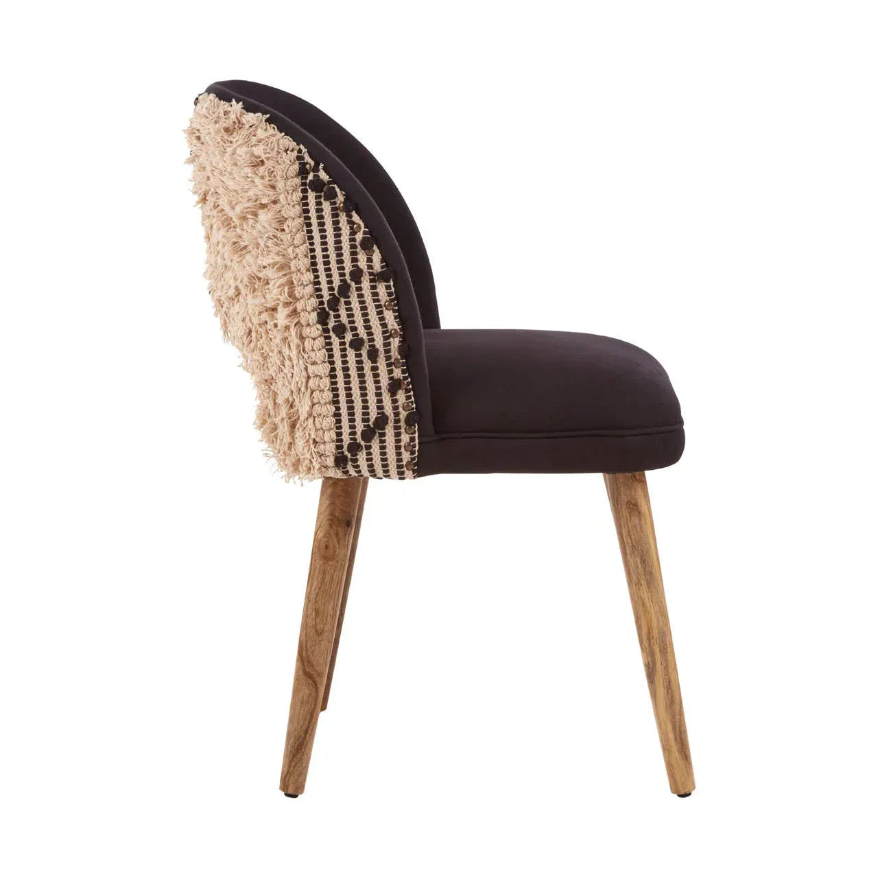 Side view of upholstered dining chair with black seat, textured backrest, wooden legs