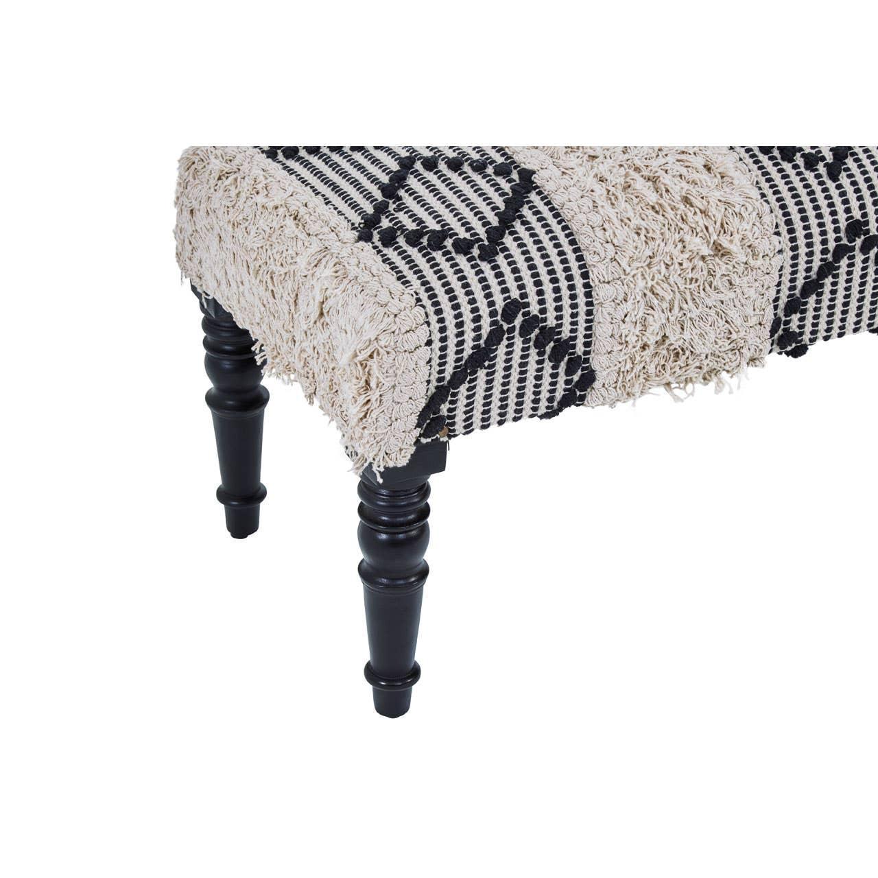 Patterned fabric bench with textured upholstery and black turned wood legs