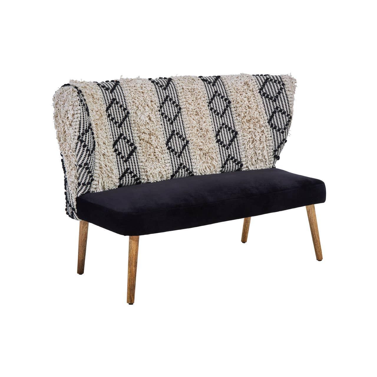 Patterned fabric bench with beige and black textured backrest and wooden legs