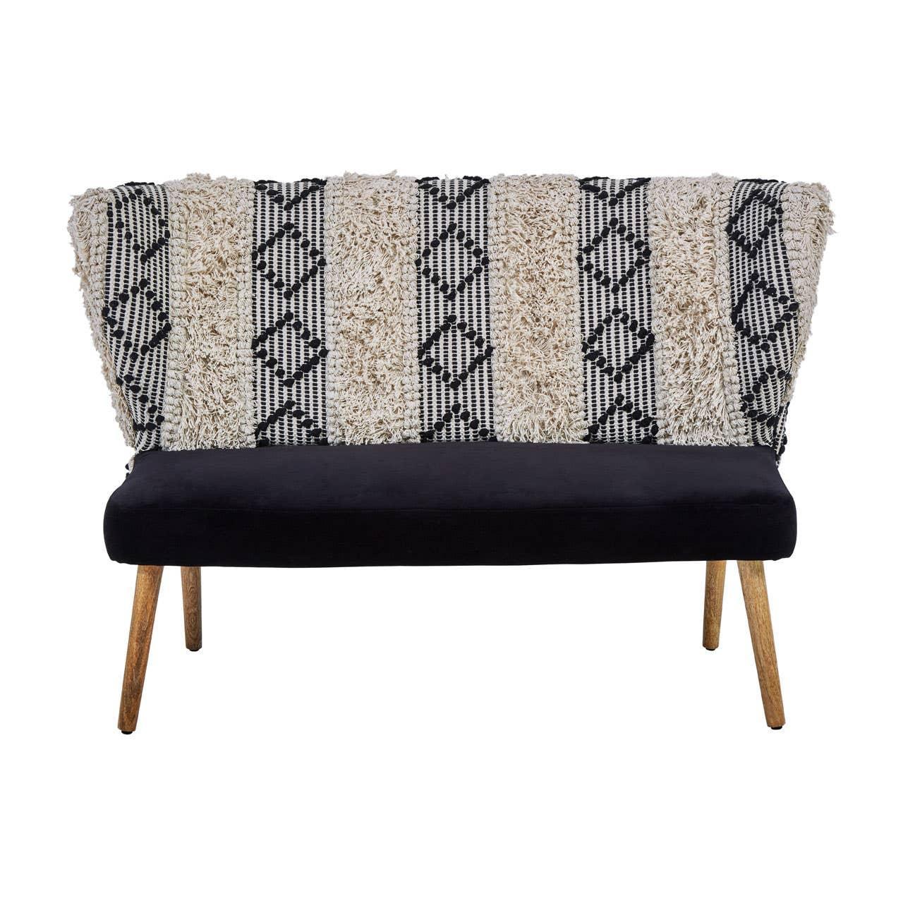 Modern fabric sofa with textured cream and black patterned backrest, wooden legs, black seat