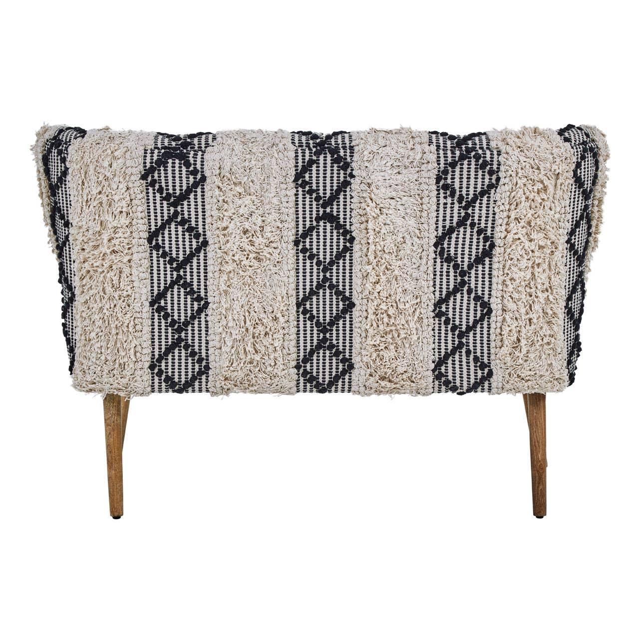 Beige and black patterned accent bench with textured upholstery and wooden legs