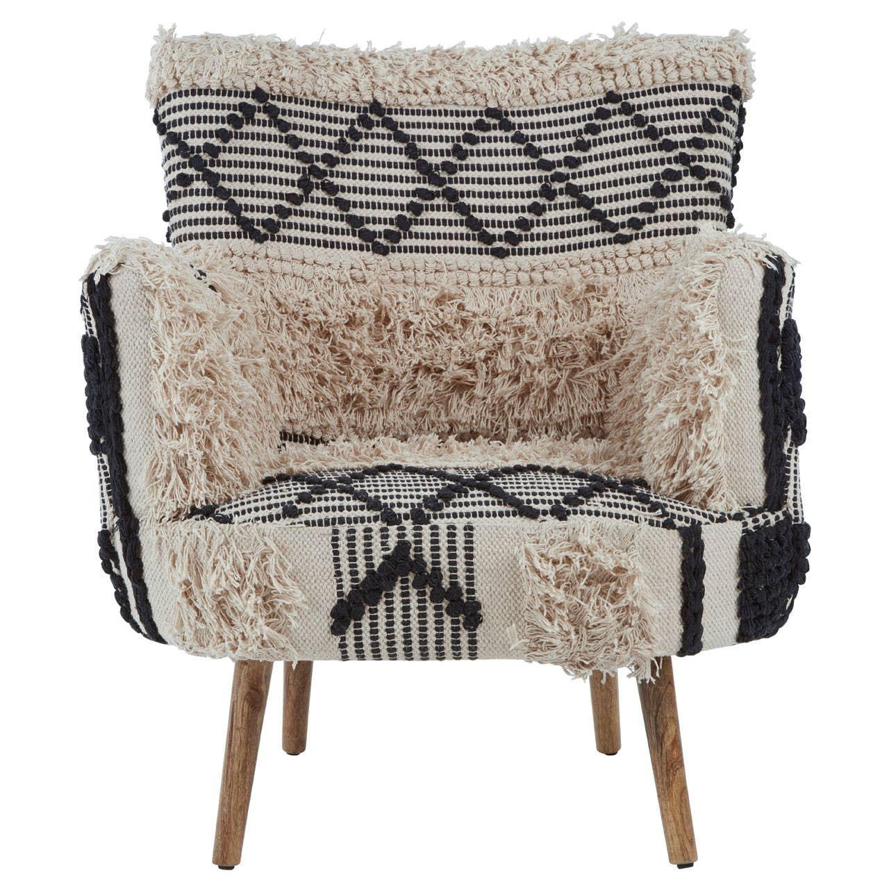Textured accent armchair with beige and black geometric upholstery and wooden legs, front view