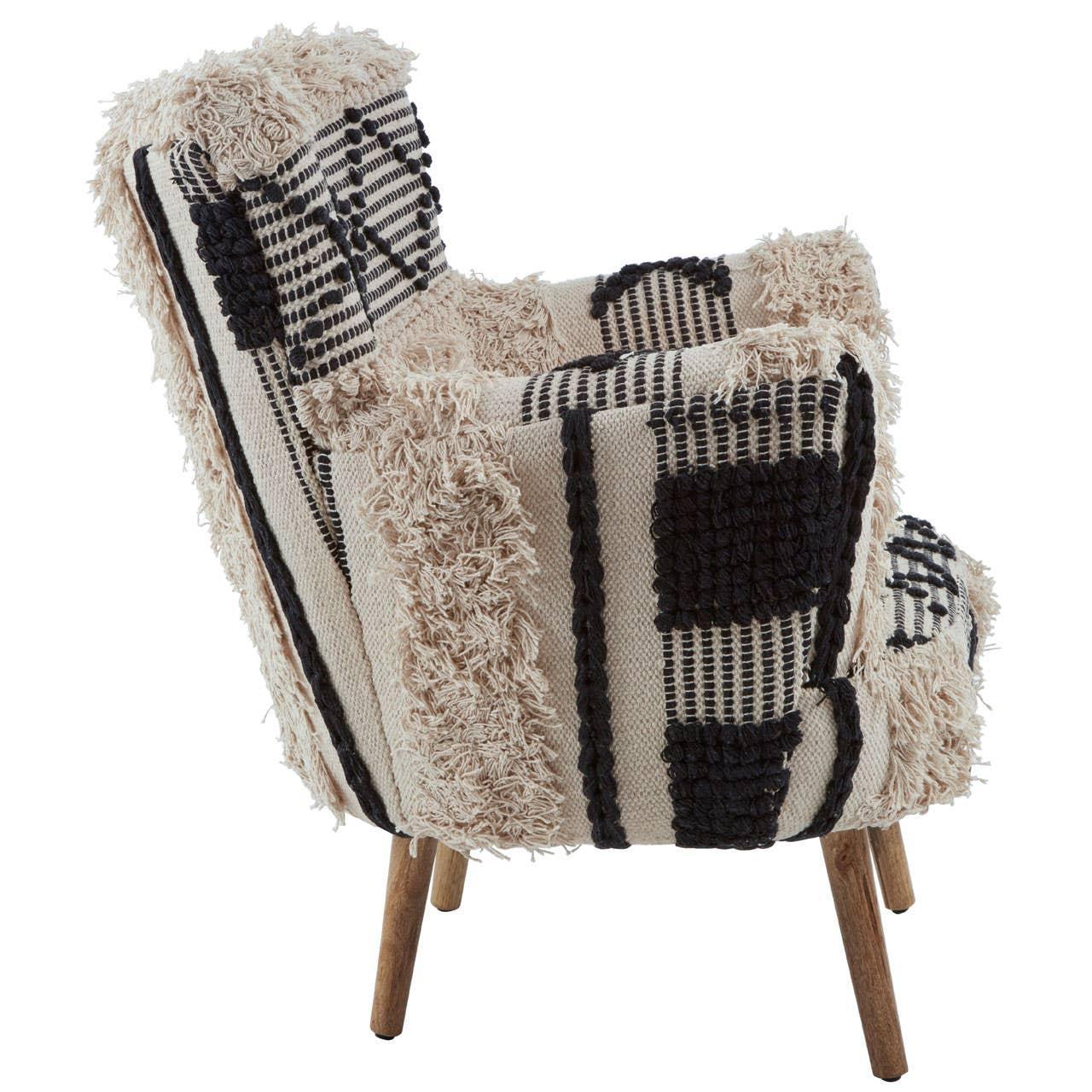 Textured accent armchair with black and beige woven fabric and wooden legs, side view