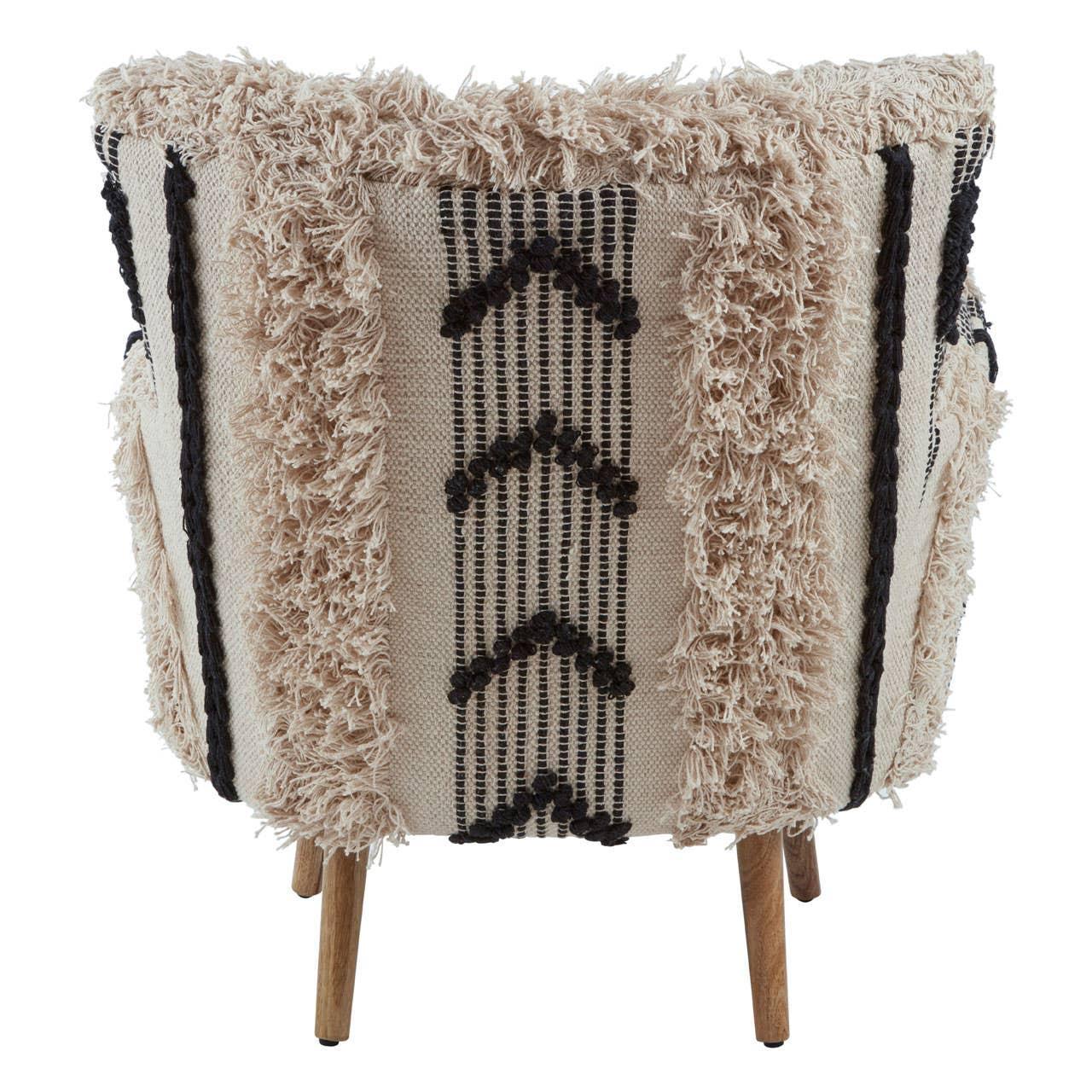 Back view of accent chair with beige textured fabric, black chevron pattern, wooden legs