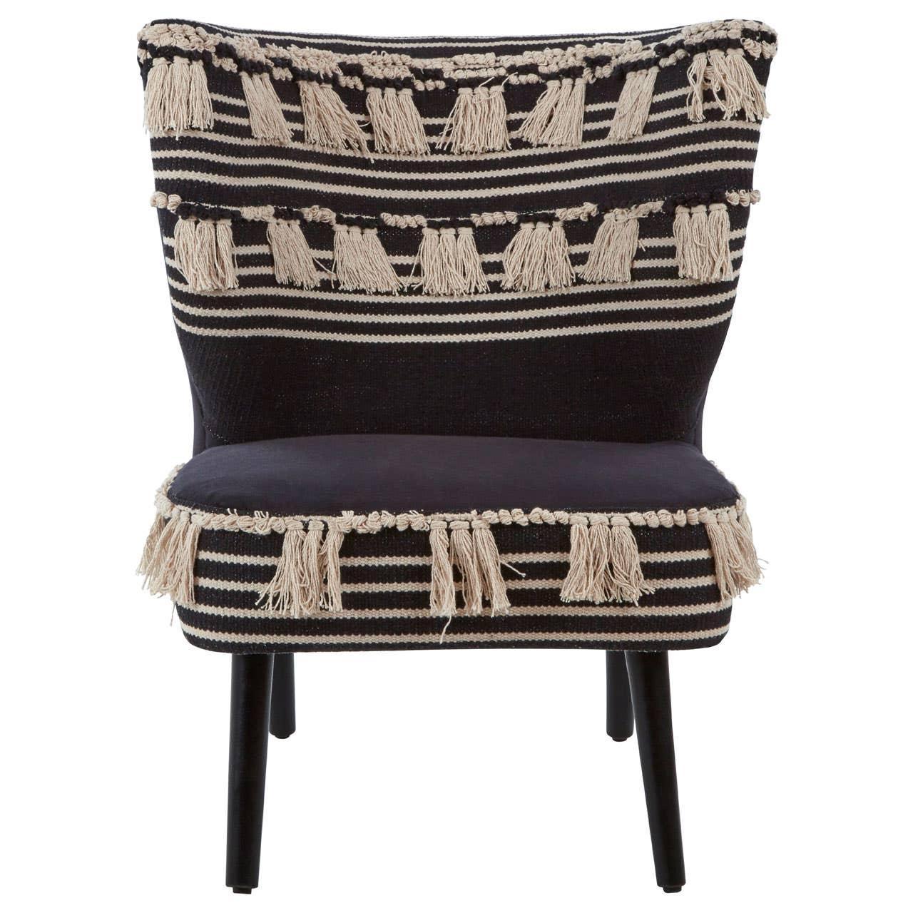 Black accent chair with beige tassel trim and striped upholstery, front view