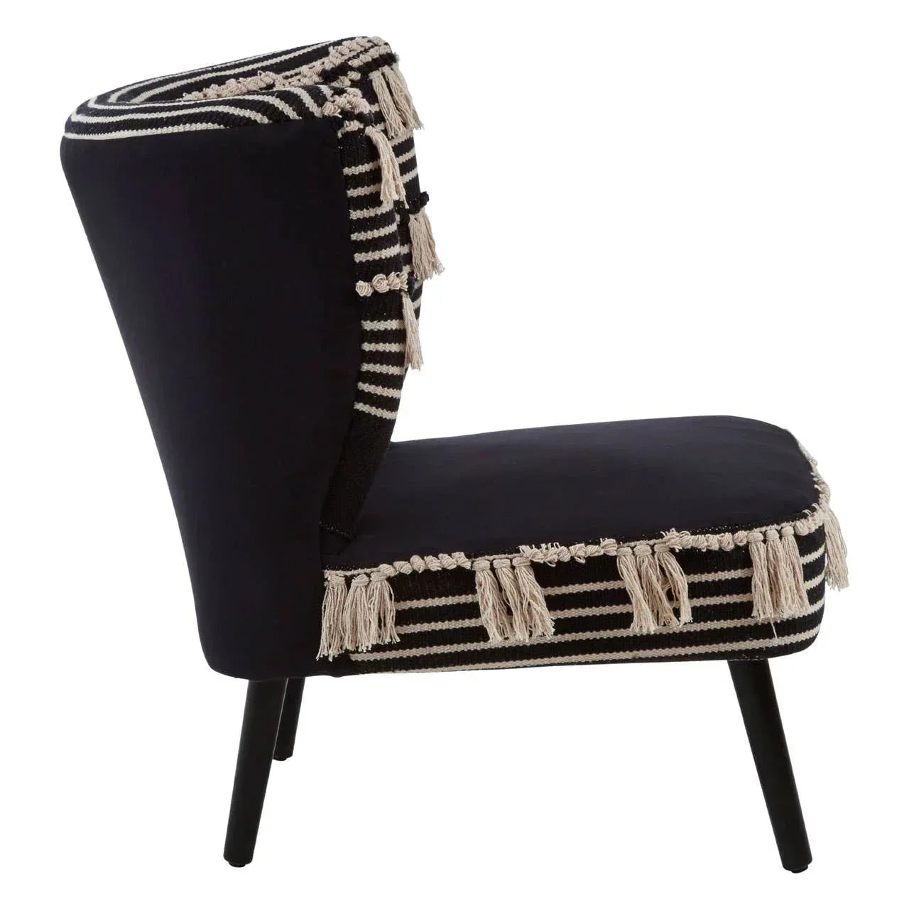 Black accent chair with striped upholstery and cream tassel trim, side view