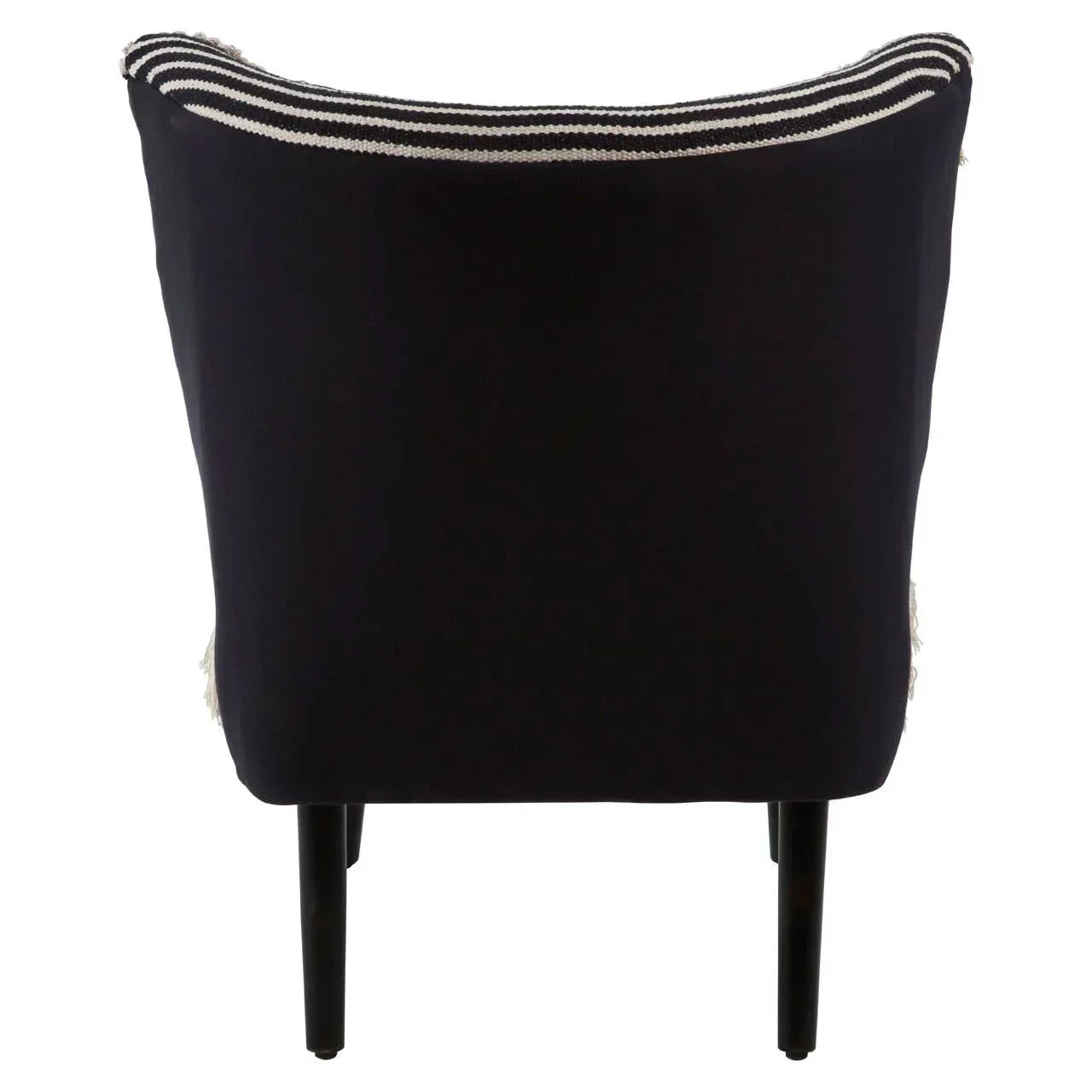 Black accent chair rear view with slim black metal legs and striped edge detail