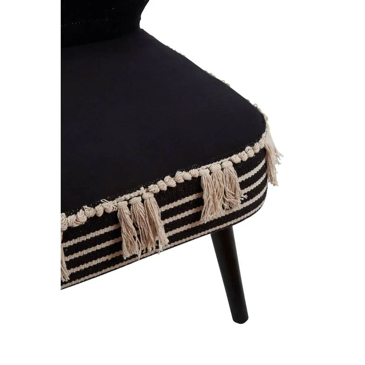 Black upholstered chair seat with striped fringe trim and dark tapered wooden leg