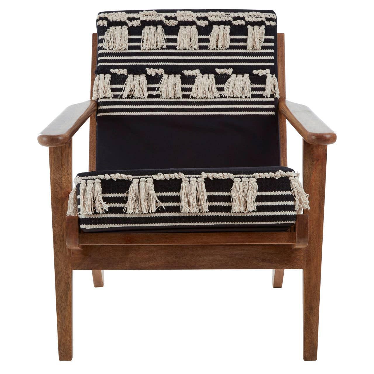 Wooden accent chair with black and cream striped cushions and decorative tassels front view