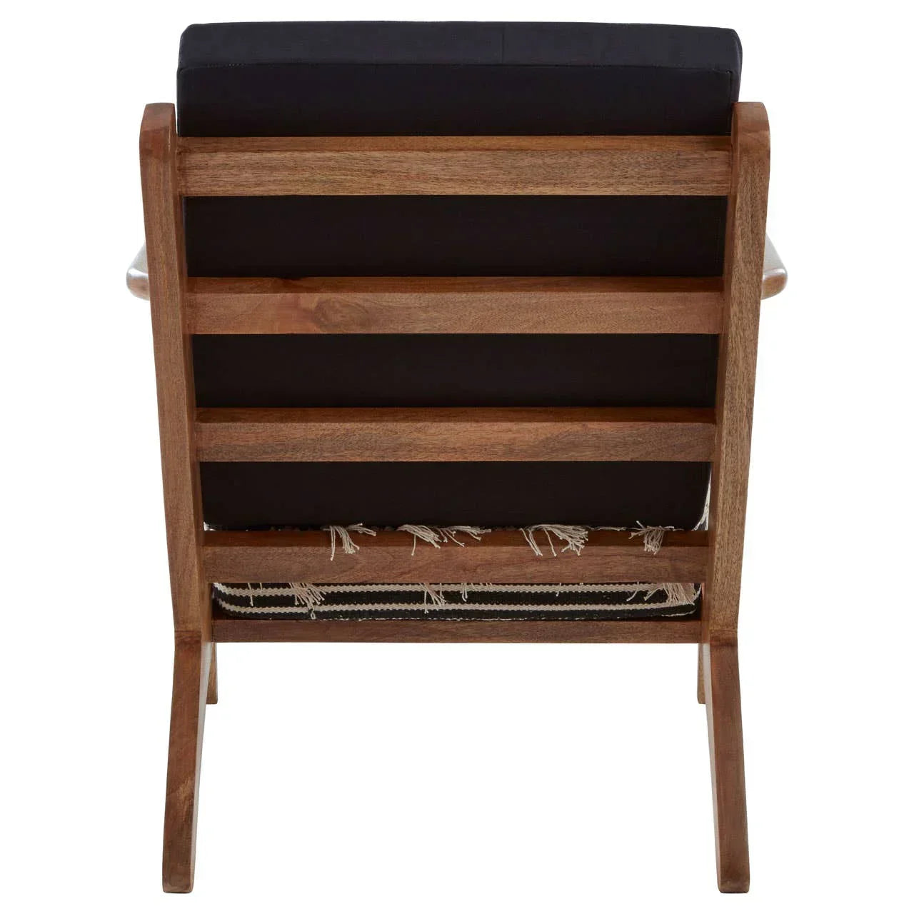 Rear view of wooden armchair with black cushions and slatted backrest