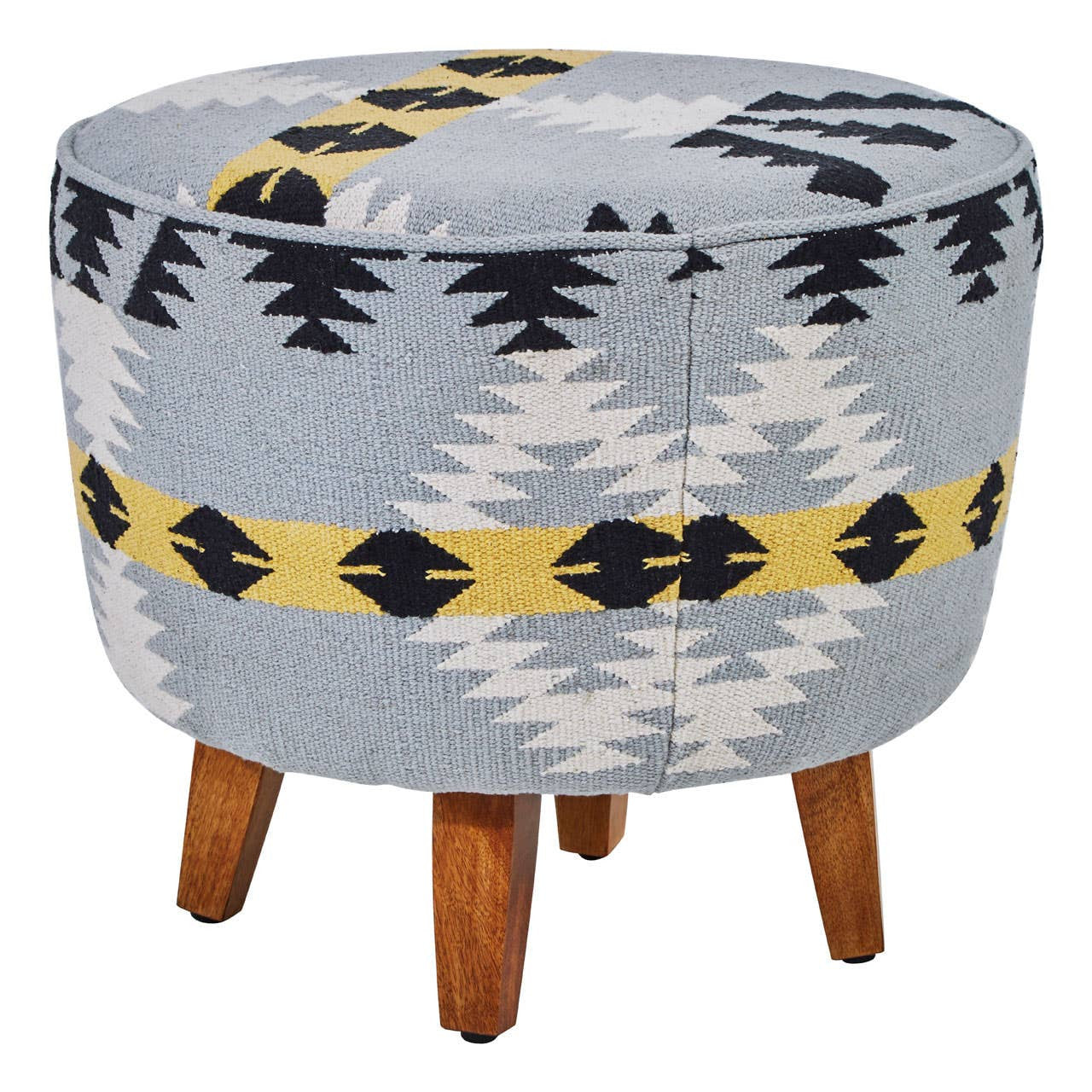 Round footstool featuring a colorful Kilim-style fabric with geometric patterns in blue, black, and yellow, supported by four sturdy mango wood legs