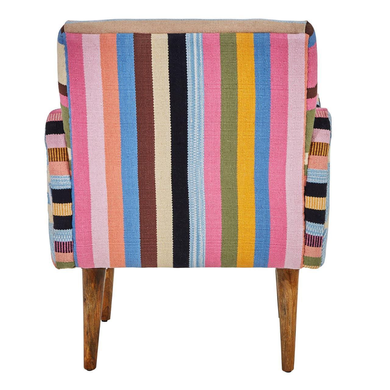 Multicolour striped accent chair with wooden legs, rear view
