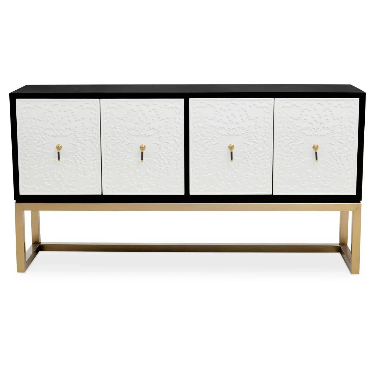 modern sideboard with black frame, white textured doors and gold metal base