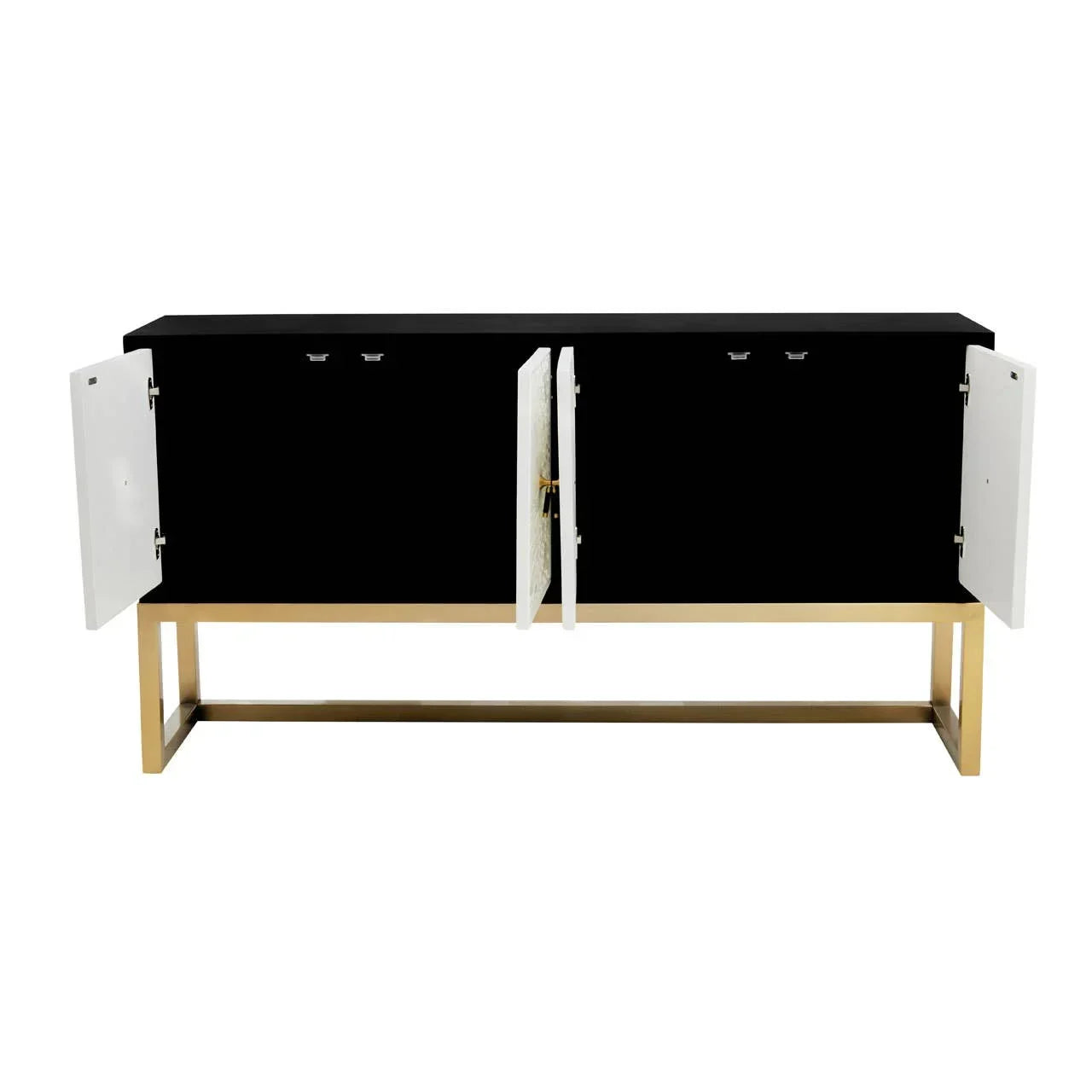 Black sideboard with open white doors and gold metal base, modern furniture design