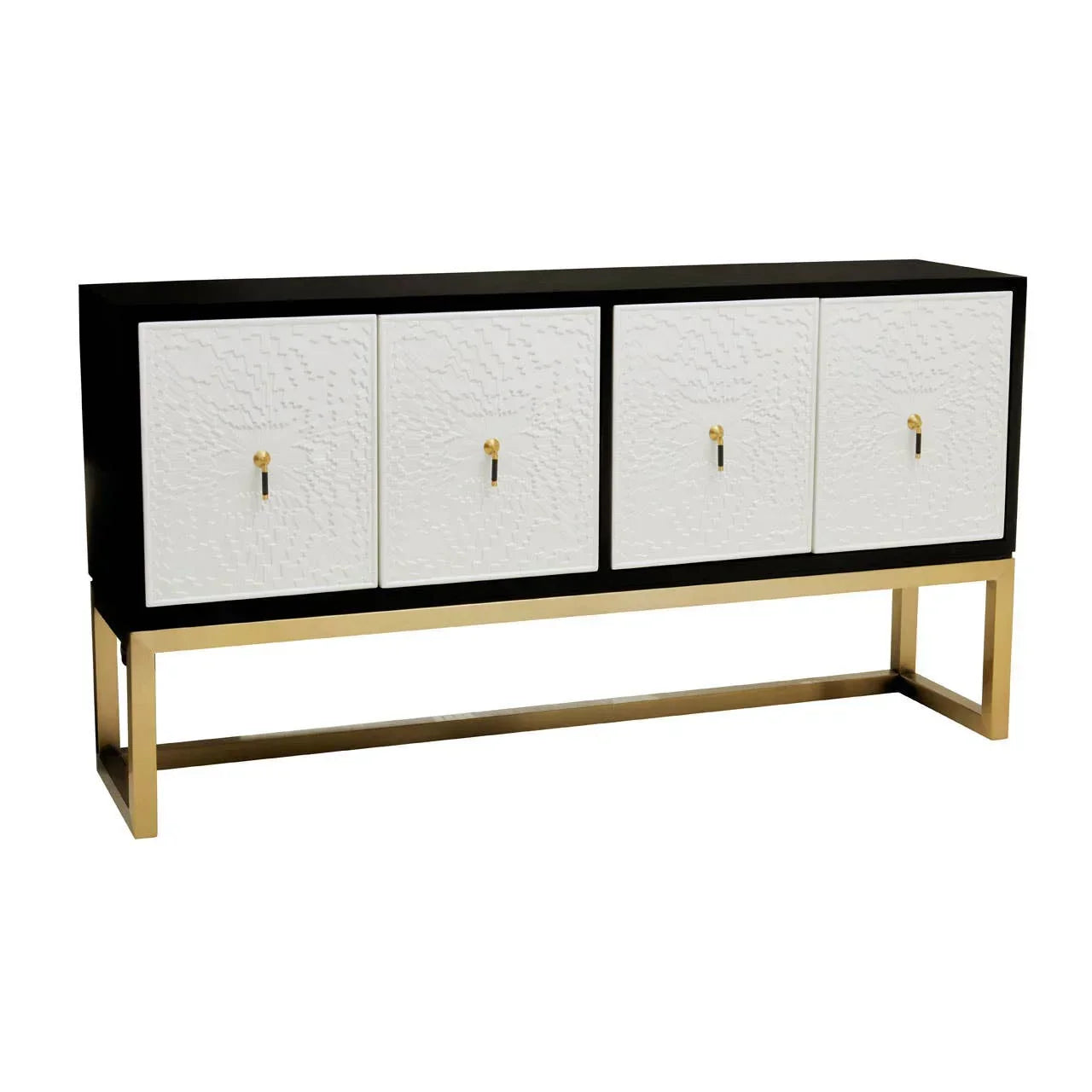Modern sideboard with gold base, black frame and textured white doors with gold handles