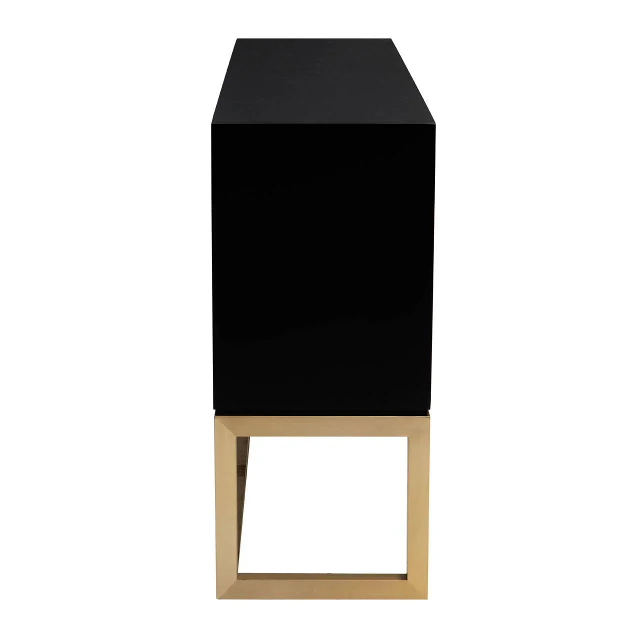 Side view black sideboard with gold metal legs on white background