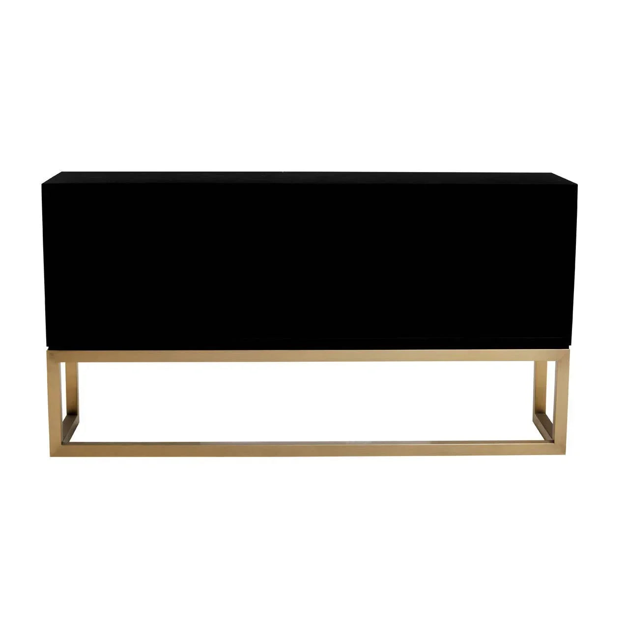 Black sideboard with gold metal frame base, modern rectangular console table front view