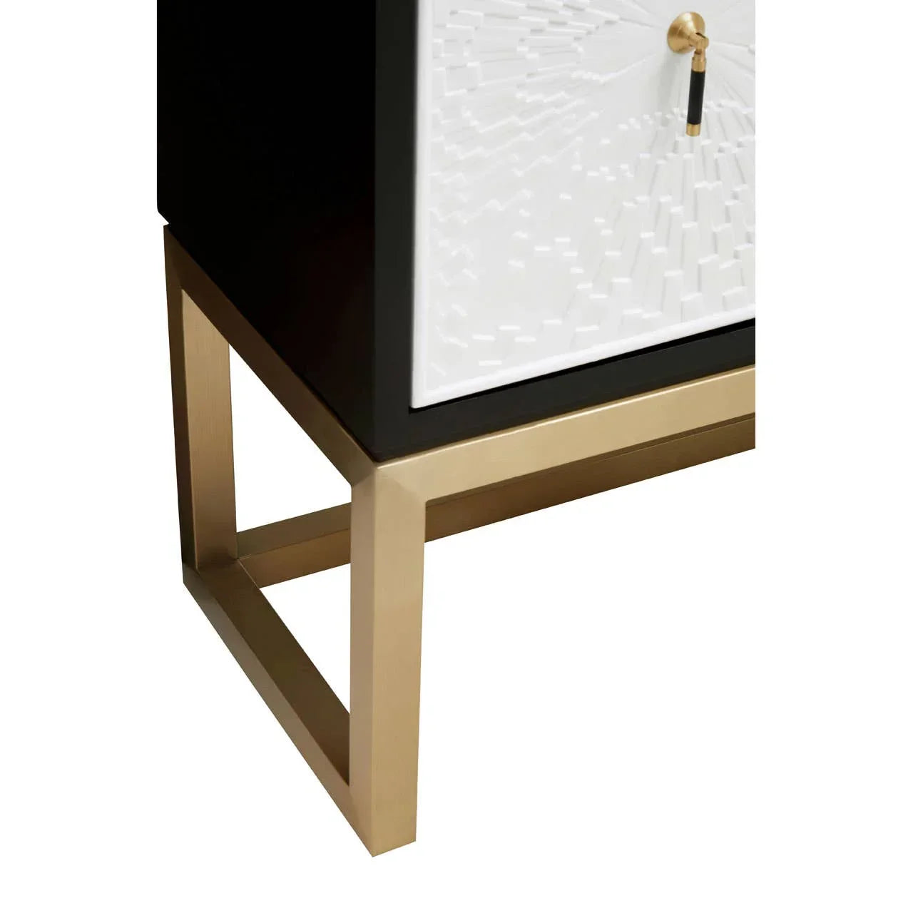 Modern side table with gold metal legs and textured white drawer front