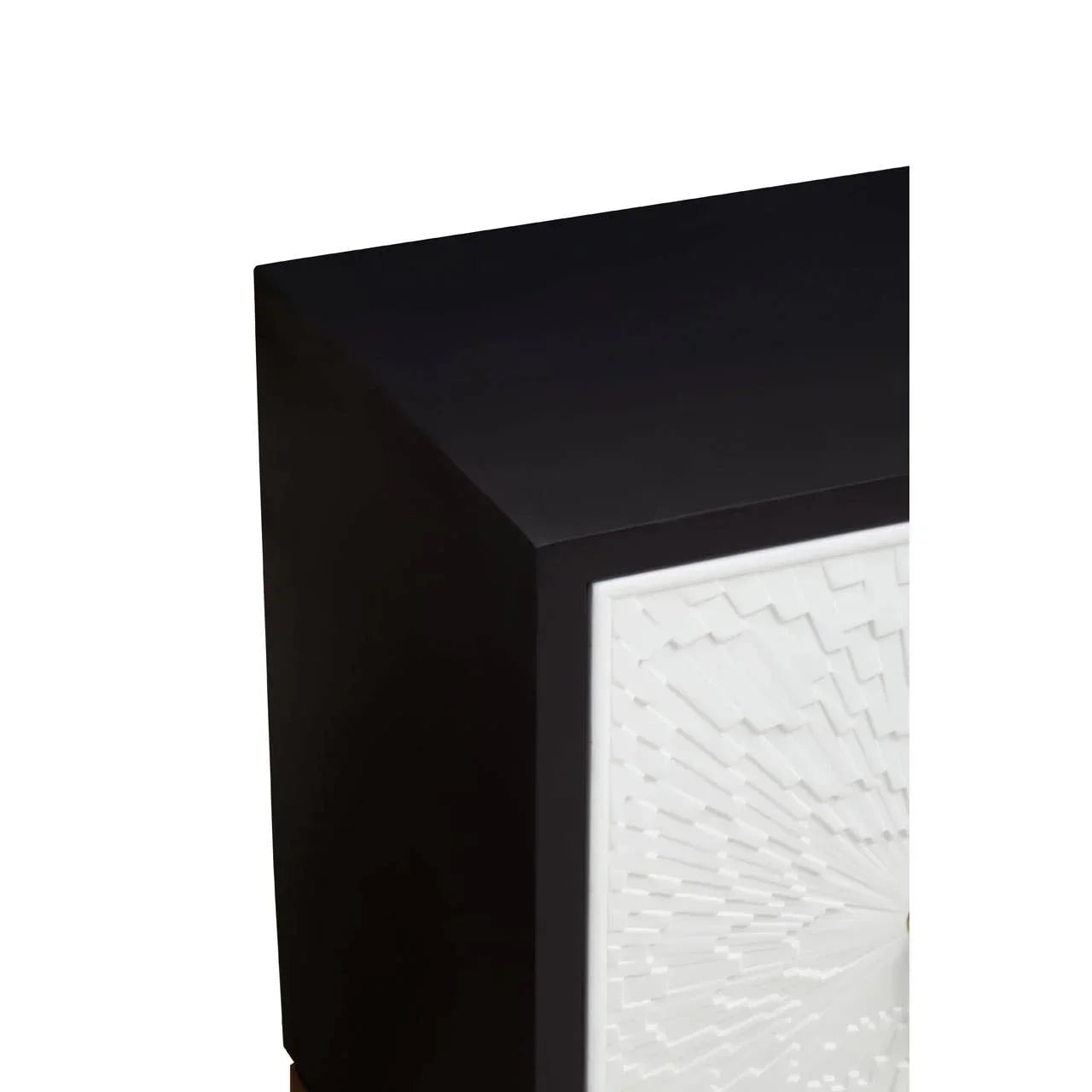 Black cabinet corner with geometric textured white panel detail