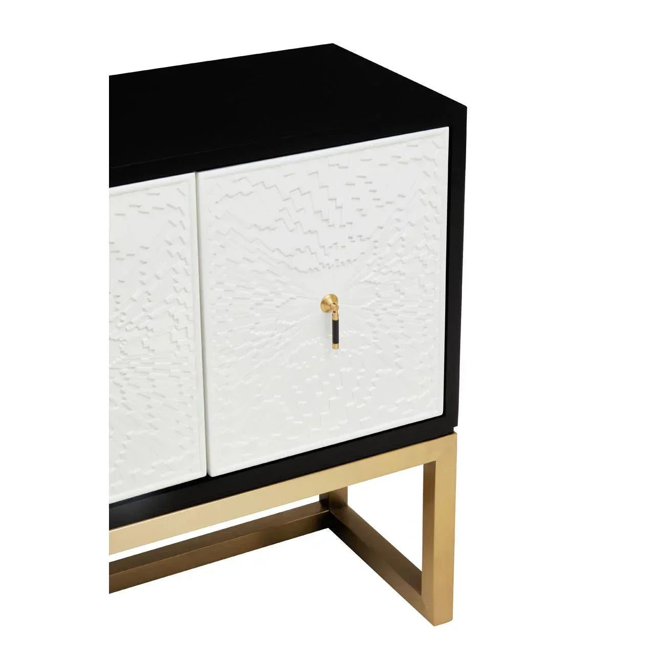 Black and white sideboard with textured white doors and gold metal base