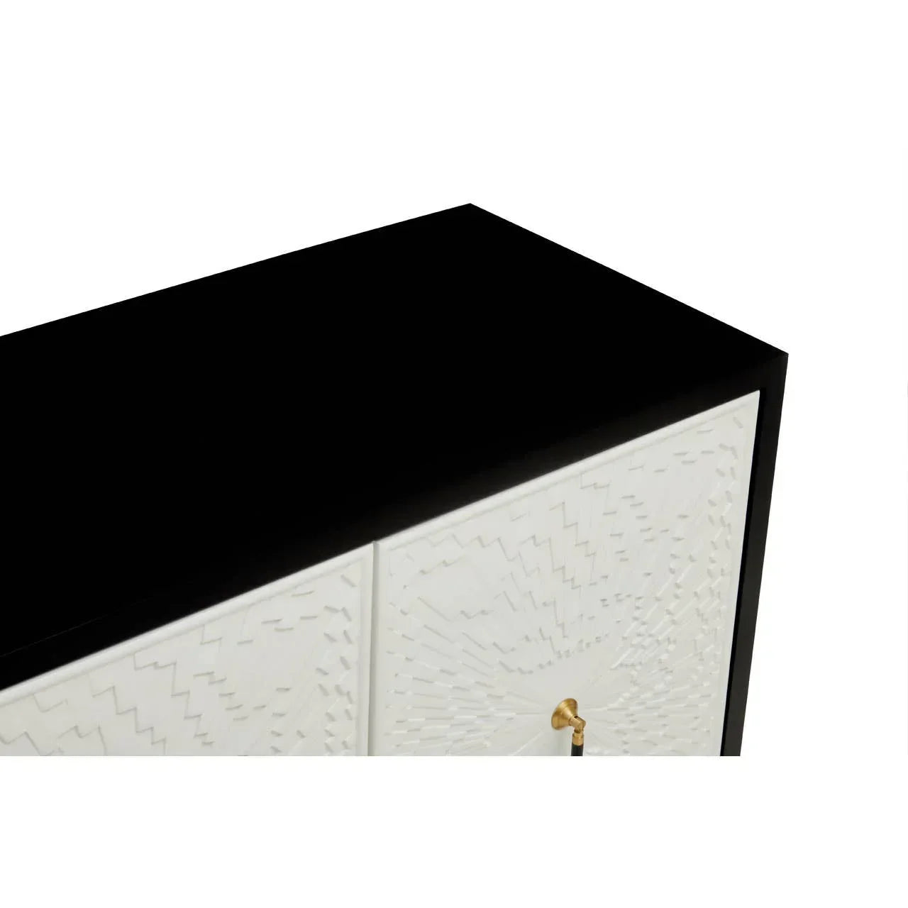 Black and white sideboard with embossed geometric doors and gold handle detail