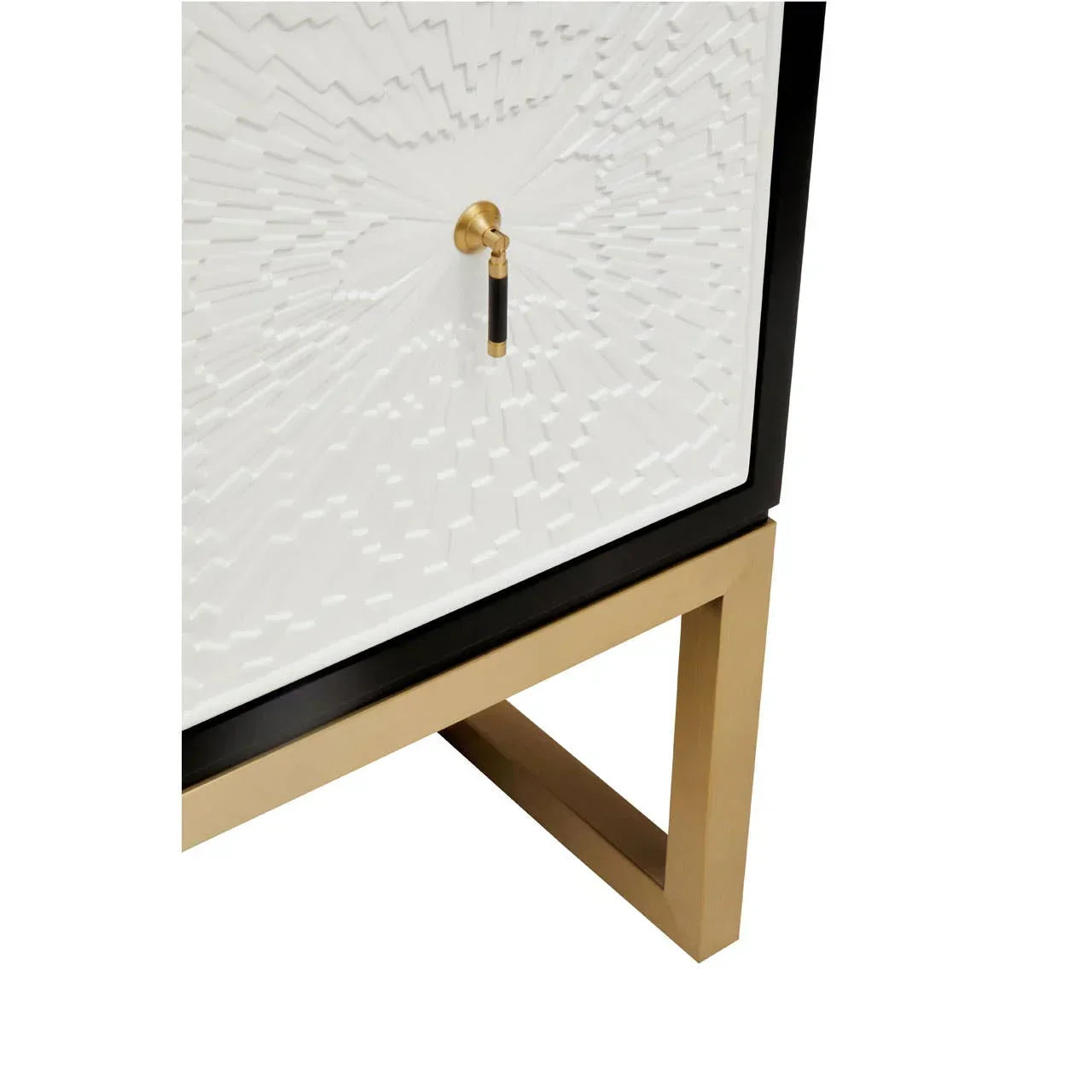 Modern sideboard with textured white cabinet door, gold handle, and gold metal legs