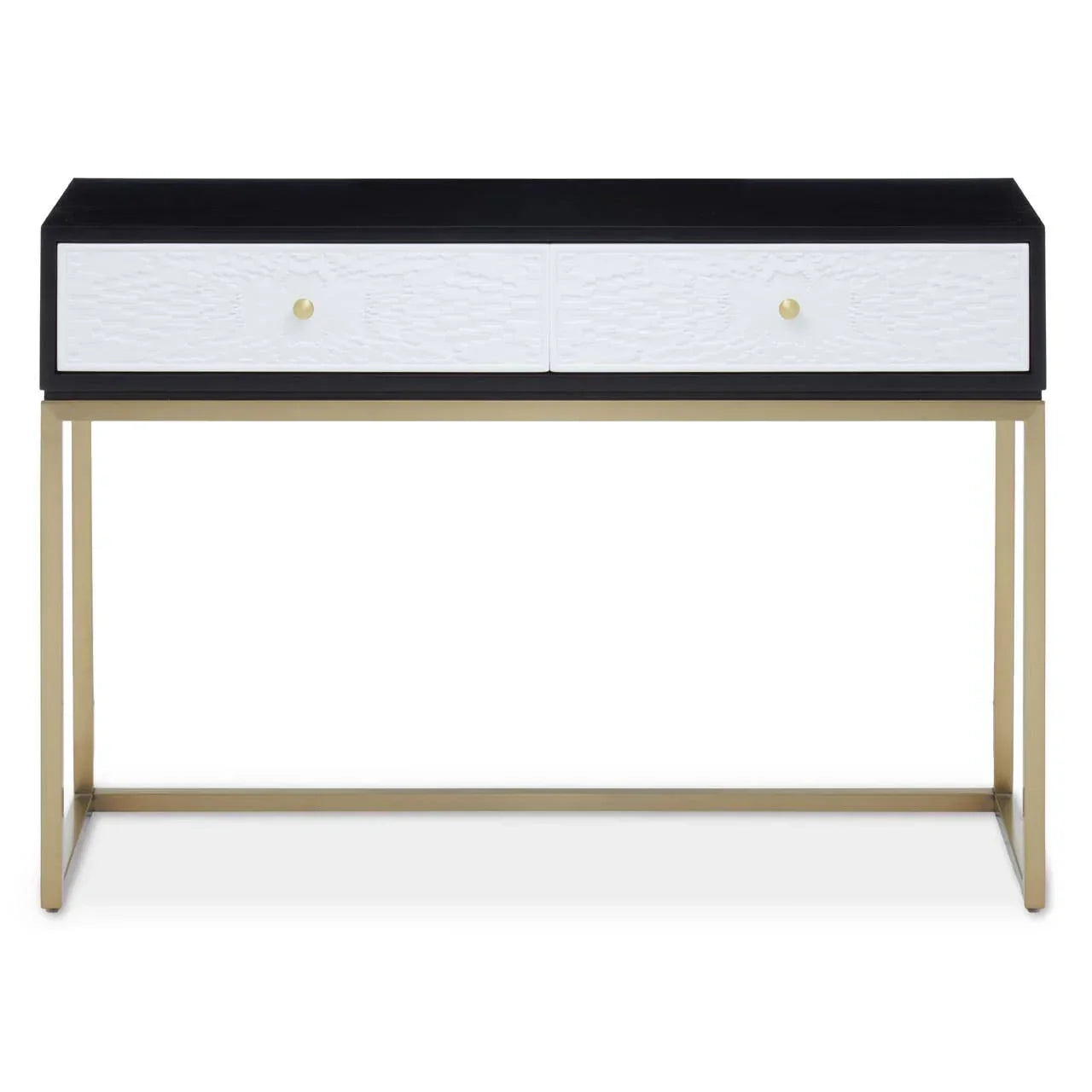 Modern console table with black top, white textured drawers and gold metal frame