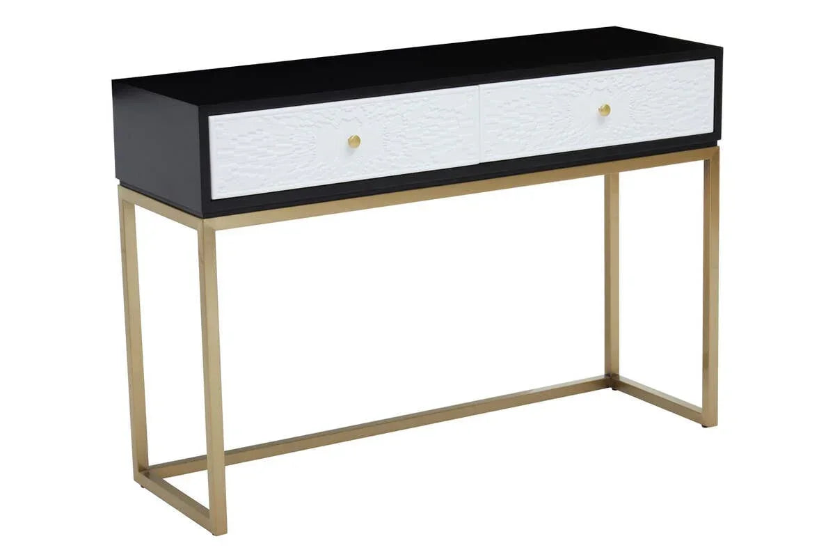 Black console table with white textured drawers and gold metal frame