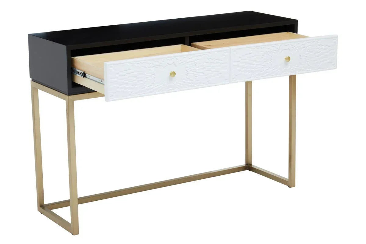 Modern console table with black top, gold metal frame and two white textured drawers open