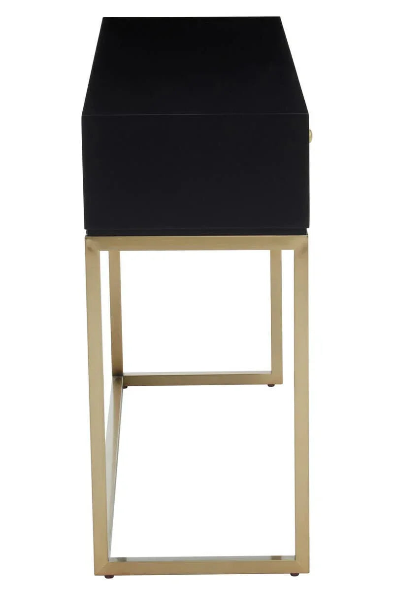 Black side table with gold metal frame, viewed from the front