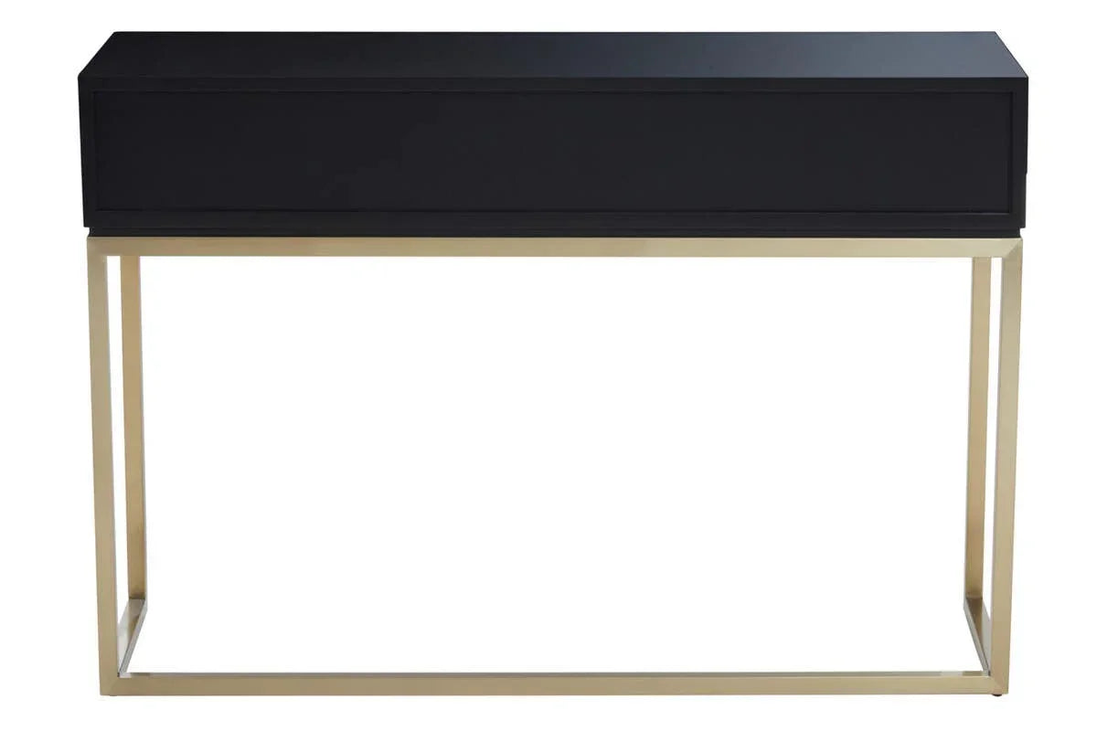 Black console table with gold metal frame and rectangular design