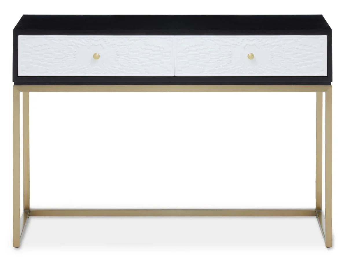 Modern console table with black top, white textured drawers and gold metal frame
