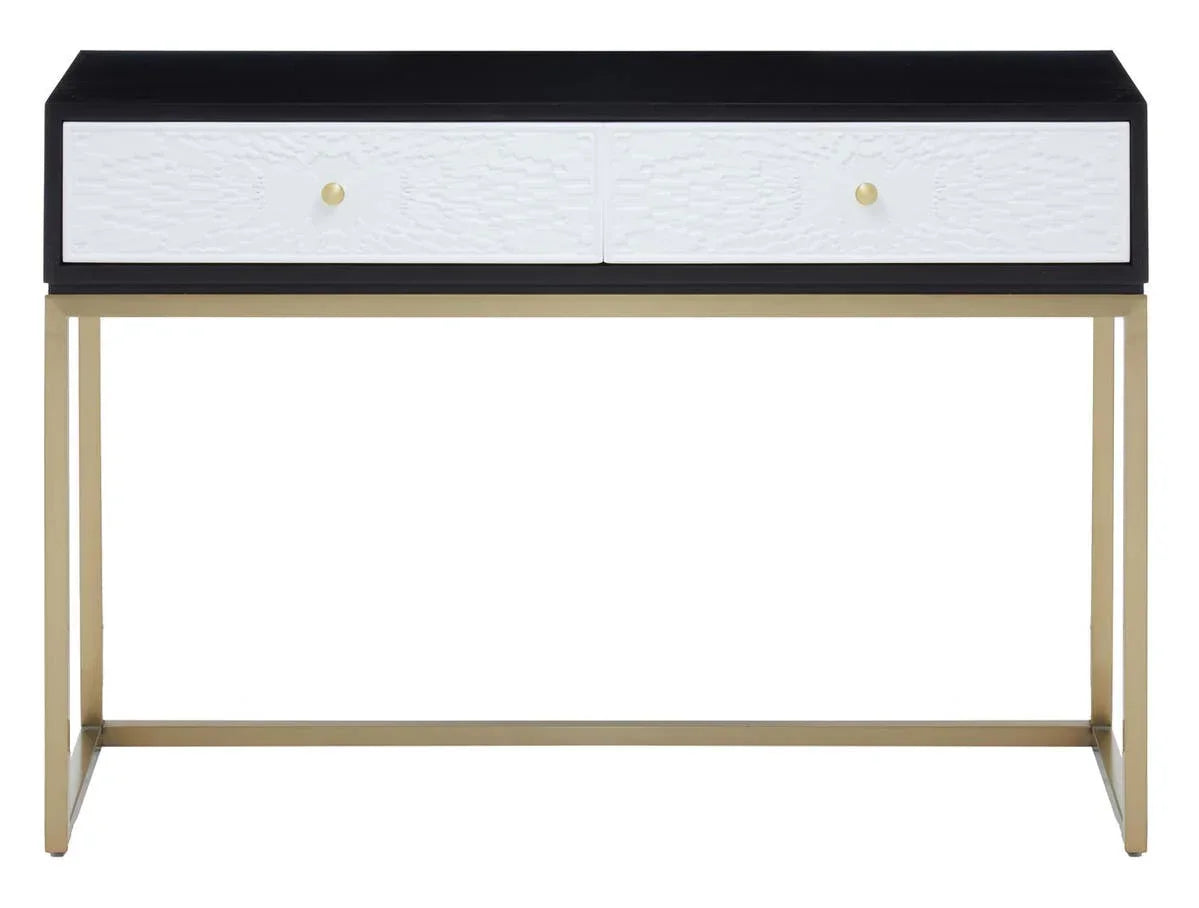 Modern console table with gold metal frame, black top, and two textured white drawers