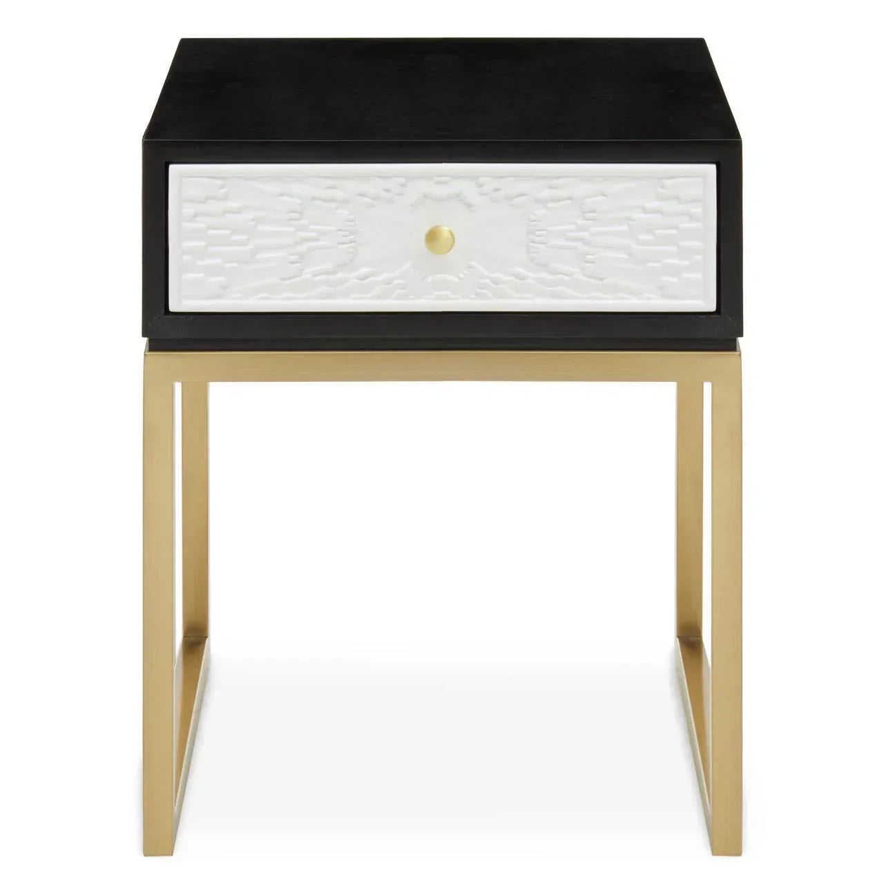 Modern bedside table with black top, white textured drawer and gold metal legs