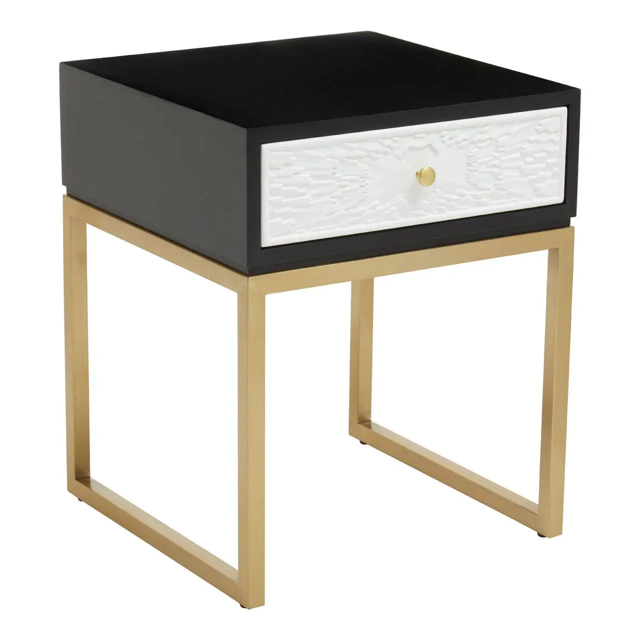 Black and gold side table with white textured drawer and metal frame, modern design