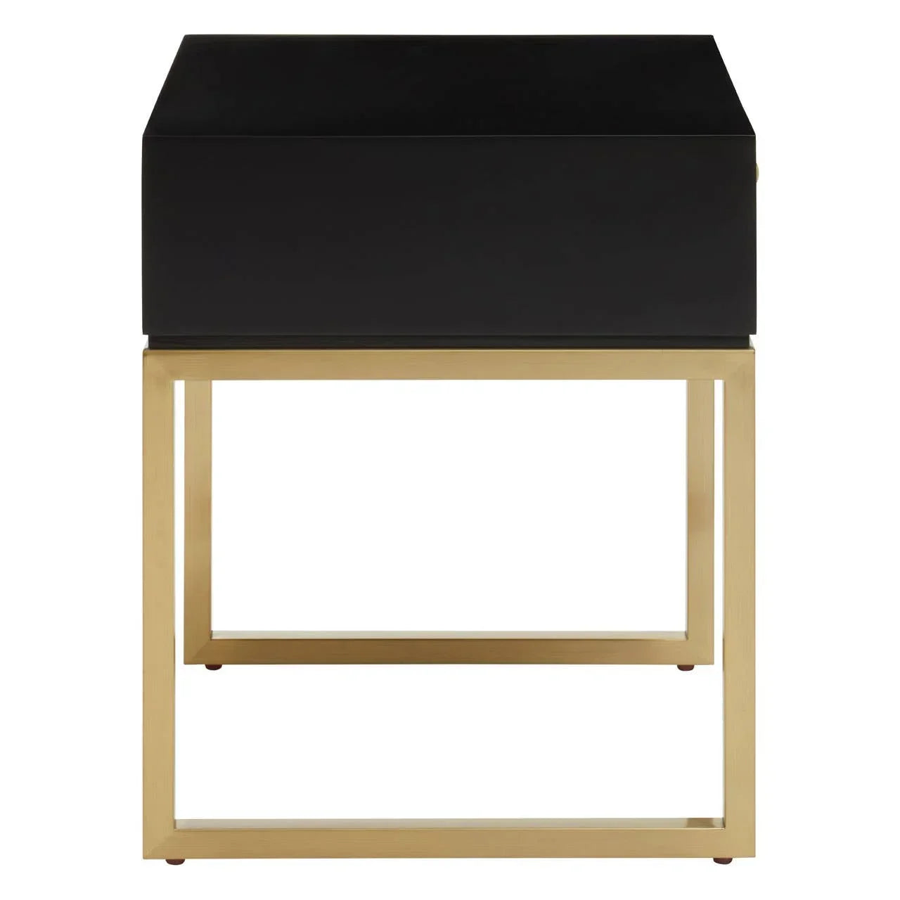 Black side table with gold metal frame and boxy modern design, front view