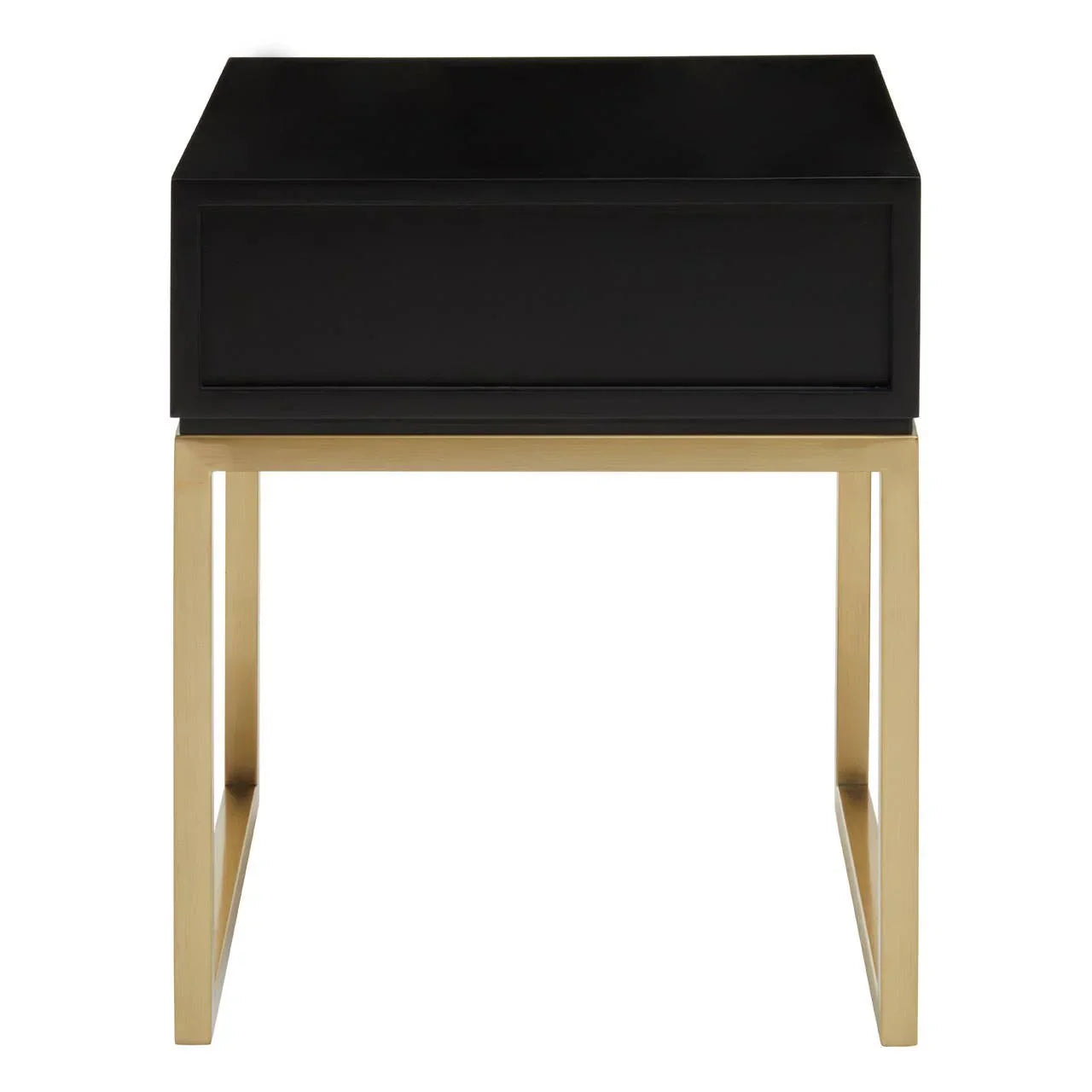 Black bedside table with gold metal legs and single drawer, front view