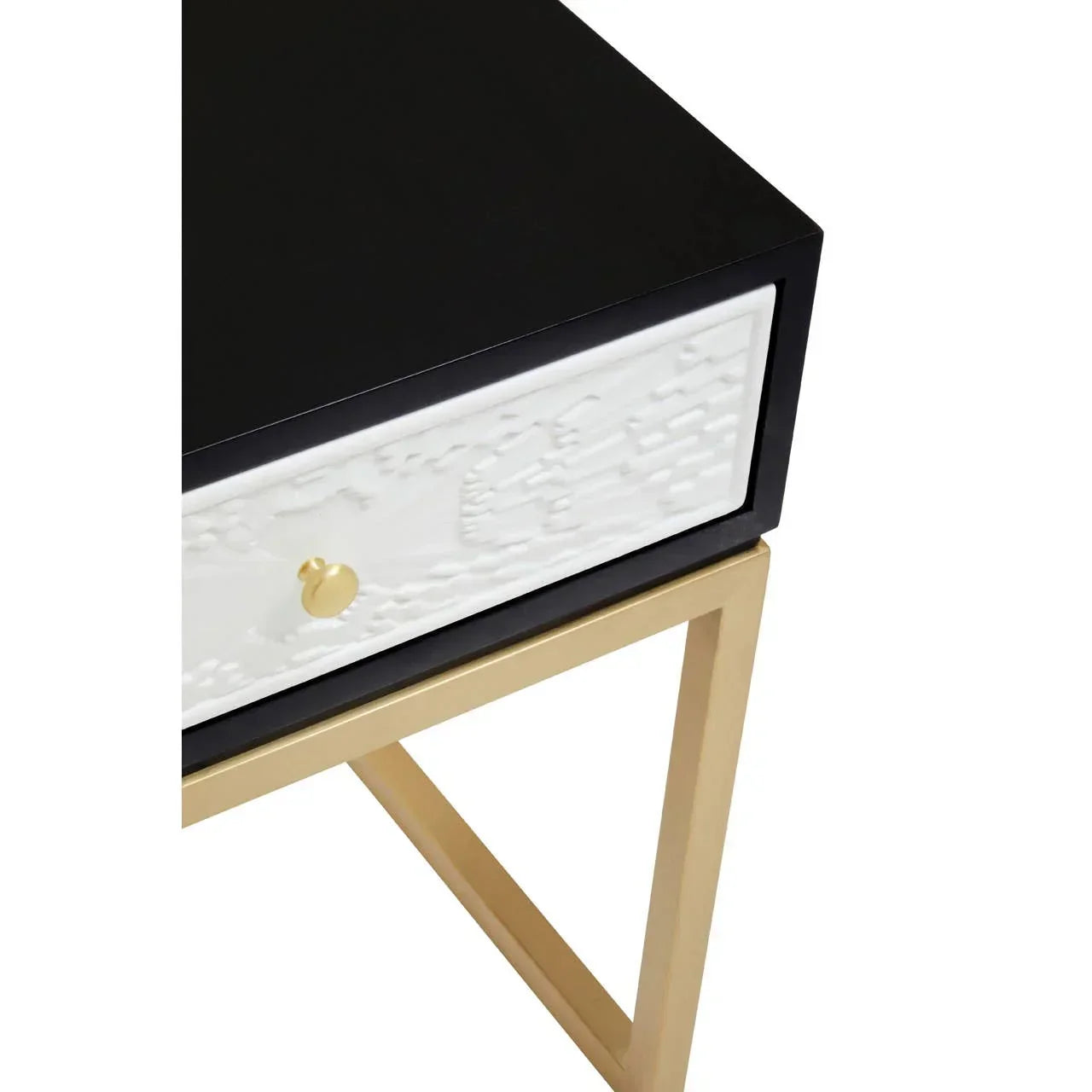 Black and gold console table with textured white drawer and gold knob close-up