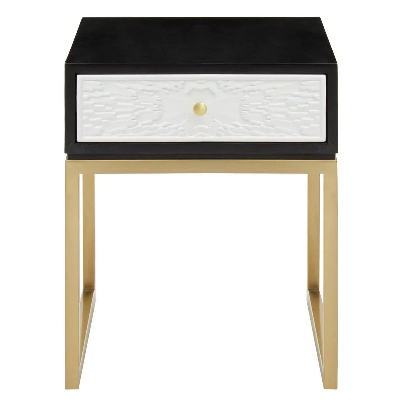 Modern side table with black top, white textured drawer and gold metal legs