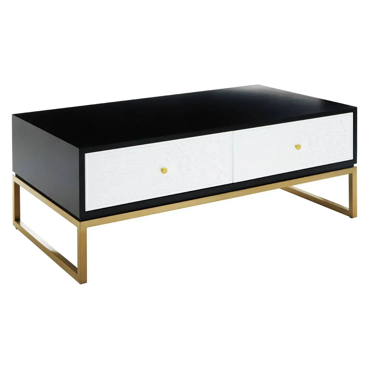 Black and white coffee table with gold metal base and two front drawers