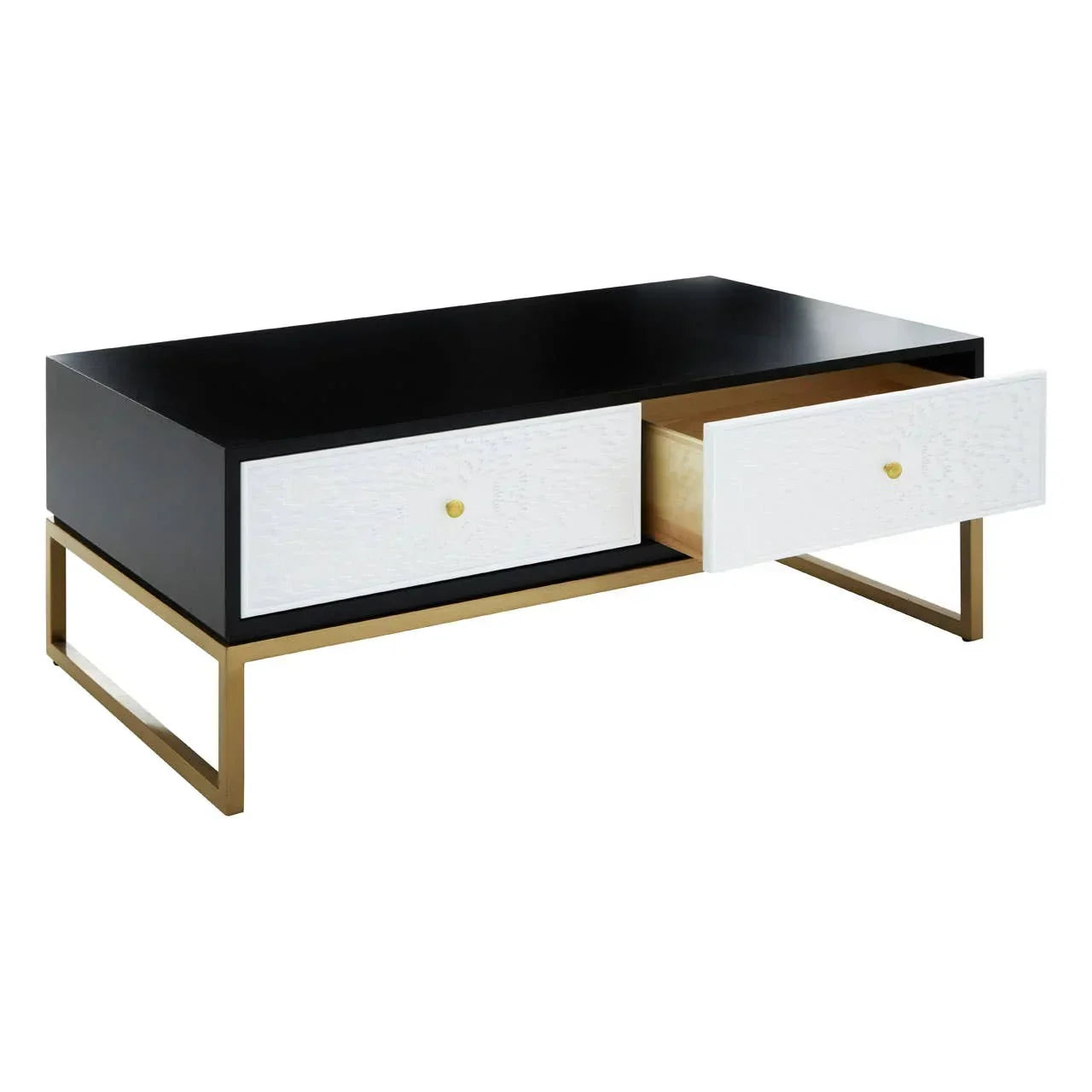 Black and white coffee table with gold metal legs and two front drawers, one open