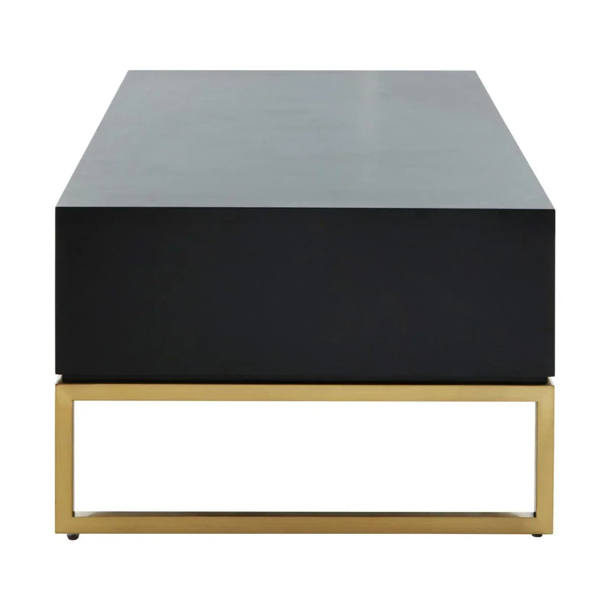 Modern black coffee table with gold metal base, rectangular design, front view