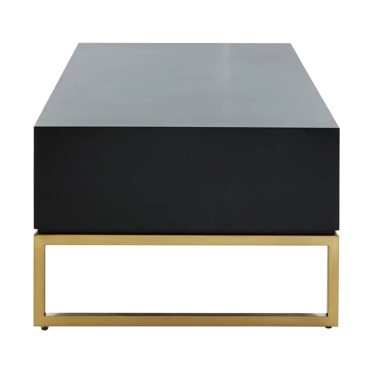 Modern coffee table with black rectangular top and gold metal base, front view
