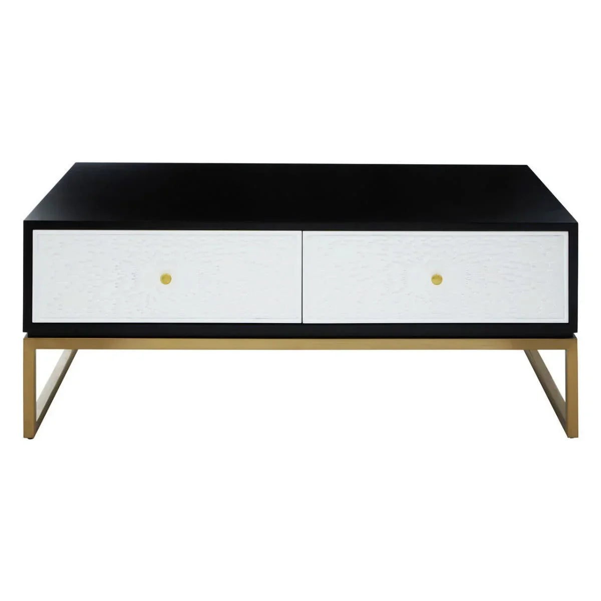 Modern coffee table with black top, white drawers, gold handles and gold metal legs