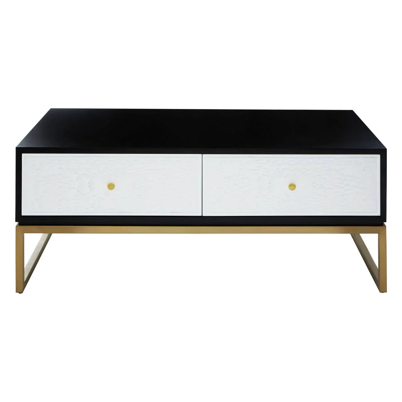 Modern coffee table with black top, white drawers, gold metal legs, front view