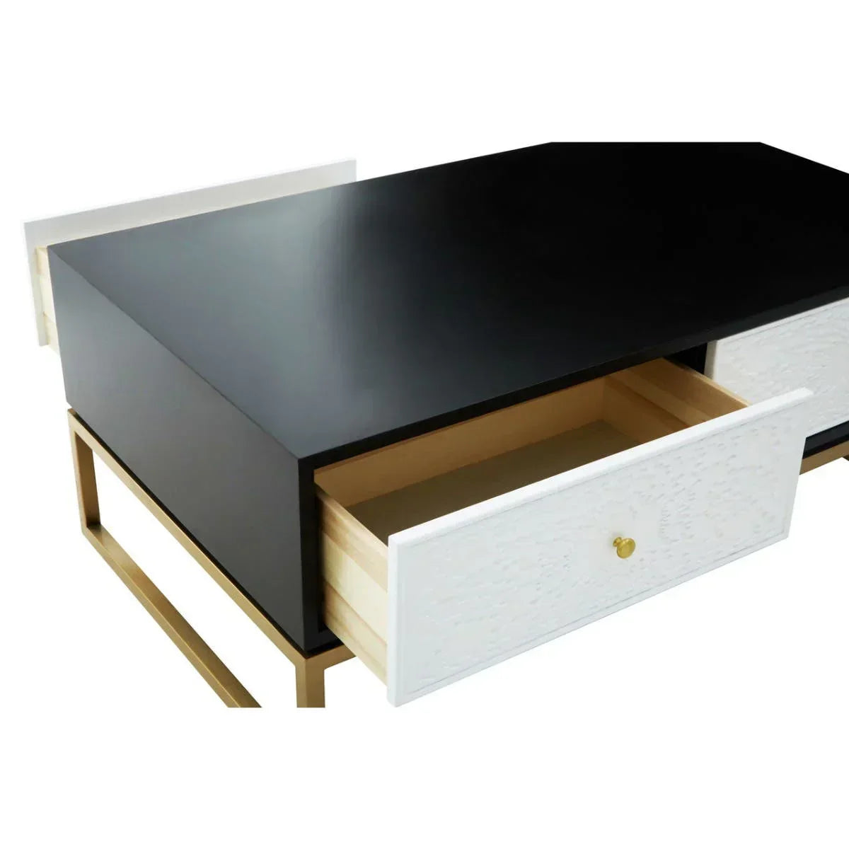 Black modern coffee table with gold legs and open white drawer