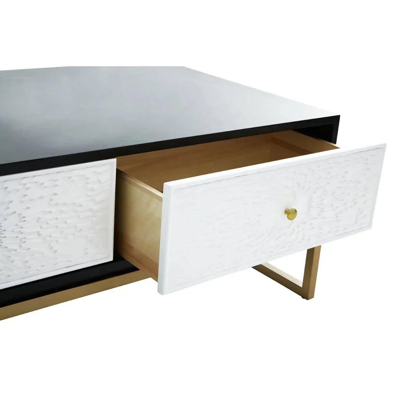 Modern coffee table with black top, white textured drawer front and gold metal legs